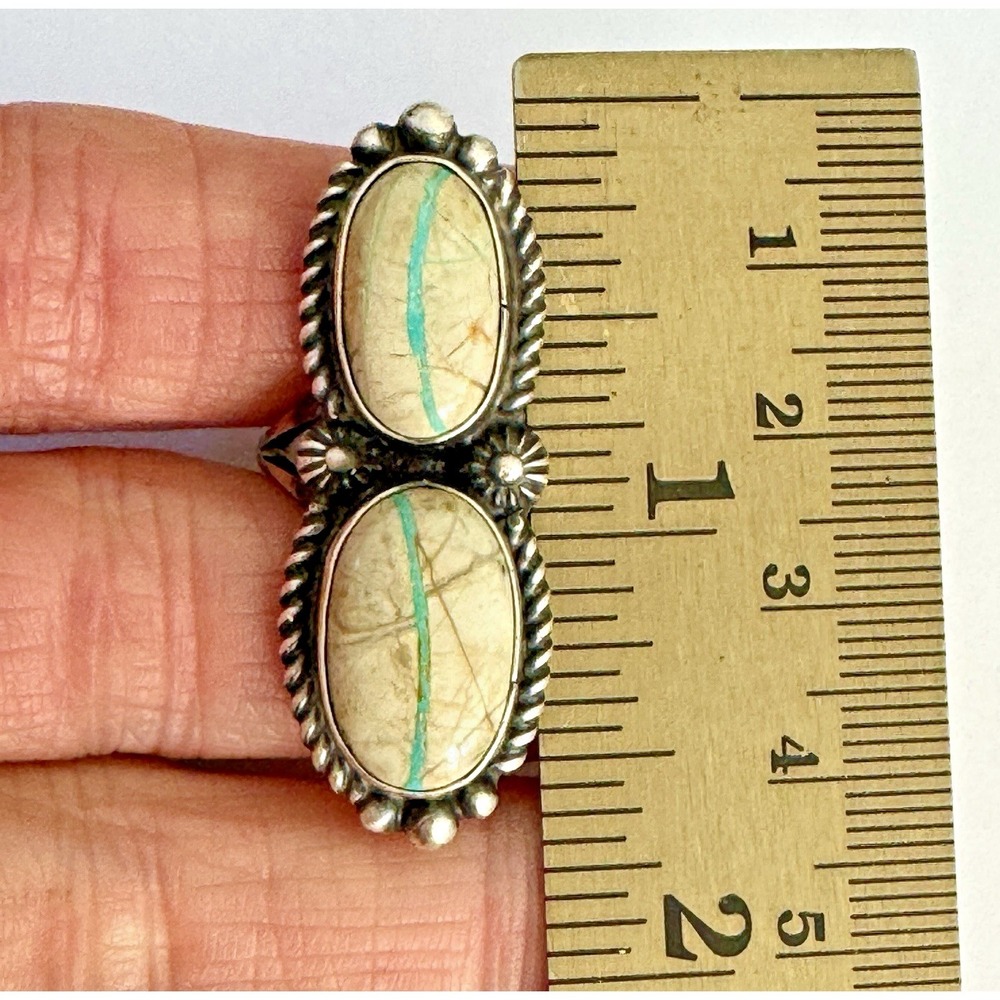Navajo Ribbon Turquoise Ring 2 Stone Size 7 Signed R Shakey Long Sterling - Picture 3 of 7